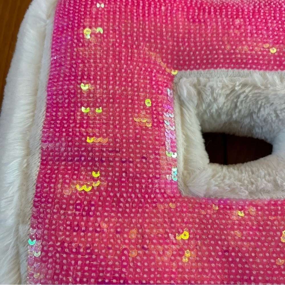Justice Stuffed R Decorative Pillow Plush Faux Fur White And Hot Pink Sequin